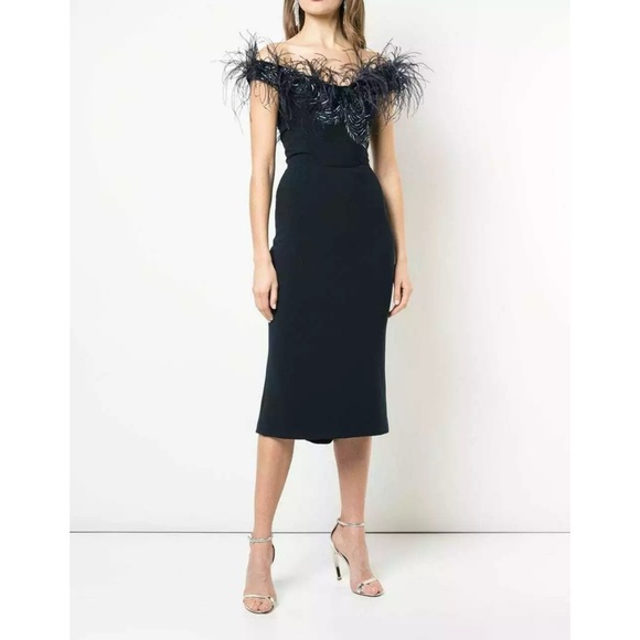 MARCHESA Navy Ostrich Feather Off Shoulder Dress 8 - Picture 2 of 12